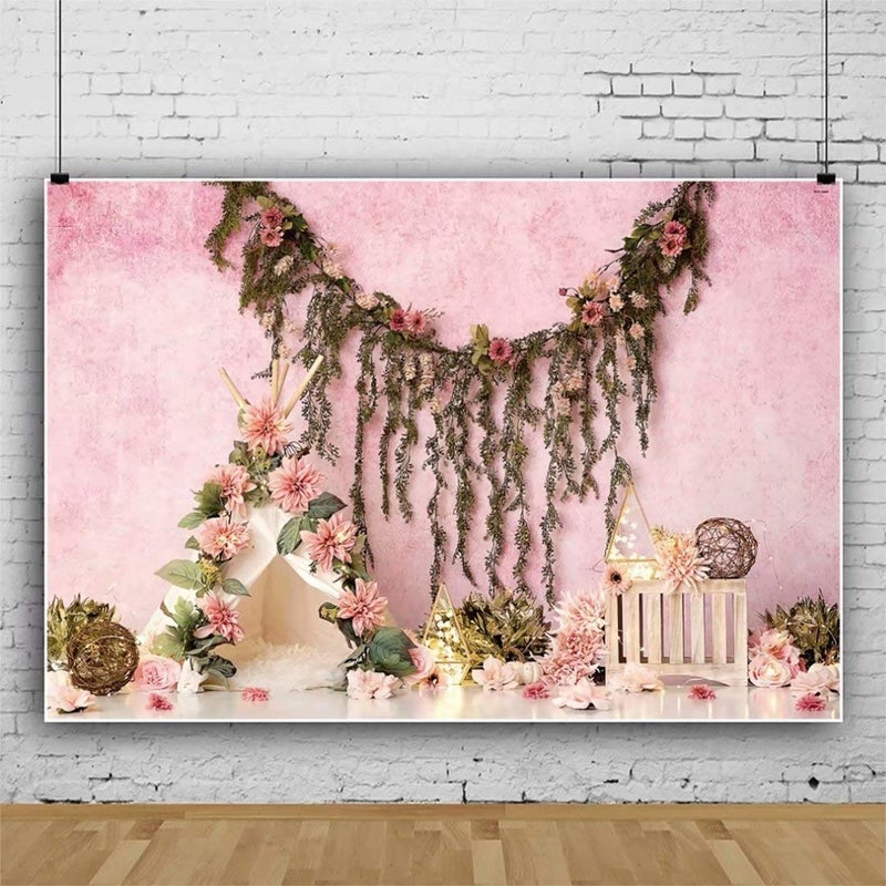 DASHAN 7x5ft Polyester Pink Flowers Photo Backdrop Girls Floral Photography Backdrop Birthday Interior Background Party YouTube Photo Props Pink Flowers Girl Tapestry - Image 4